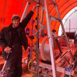 Theo Calkin with sediment from below Kamb Ice stream