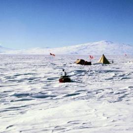 Air-sampling camp on Ross Ice Shelf, Mts Erebus and Terror beyond