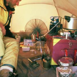 PAB in tent filtering snow melt for detection of microbes