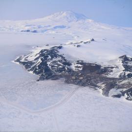 Aerial view of McMurdo Station, Mt Erebus and Hut Point Peninsula