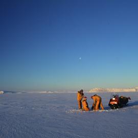 1990 Preseason Royds trip. Drilling the sea ice between Little and Big Razorback Islands