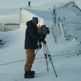TVNZ's Max Quinn outside Scott's Hut at Cape Evans