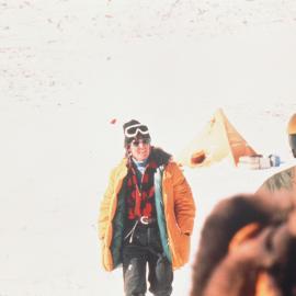 Margaret Bradshaw Collecting Mail from Helicopter at Mt. Fleming Camp
