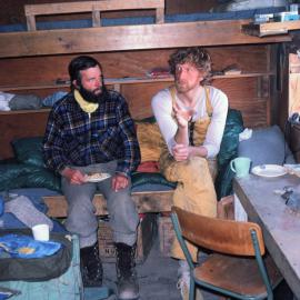 David Wynn Williams and Paul Broady and scones in Cape Bird Hut